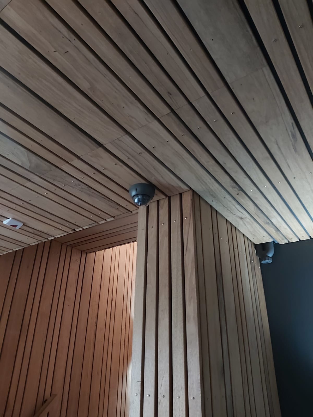 Zwarte domecamera tegen een houten plafond boven de entree van een woning