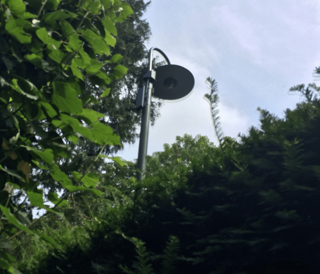 Bestuurbare PTZ-camera met ronde regenkap boven in een mast, tussen de bomen