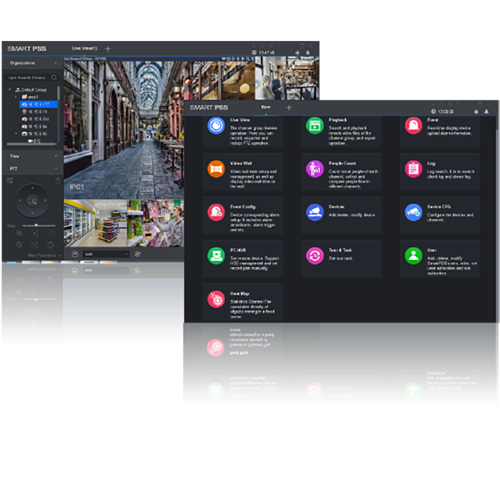 Schermafbeelding van de Dahua SmartPSS-software met live camerabeelden en het functiemenu