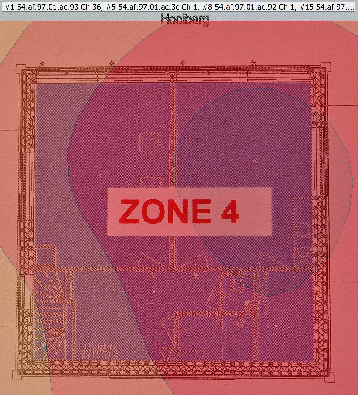 Wifi-warmtekaart met de tekst Zone 4 en de ruimtenaam Hooiberg, met overlappende dekkingscirkels en toegangspunten aan de randen van de ruimte