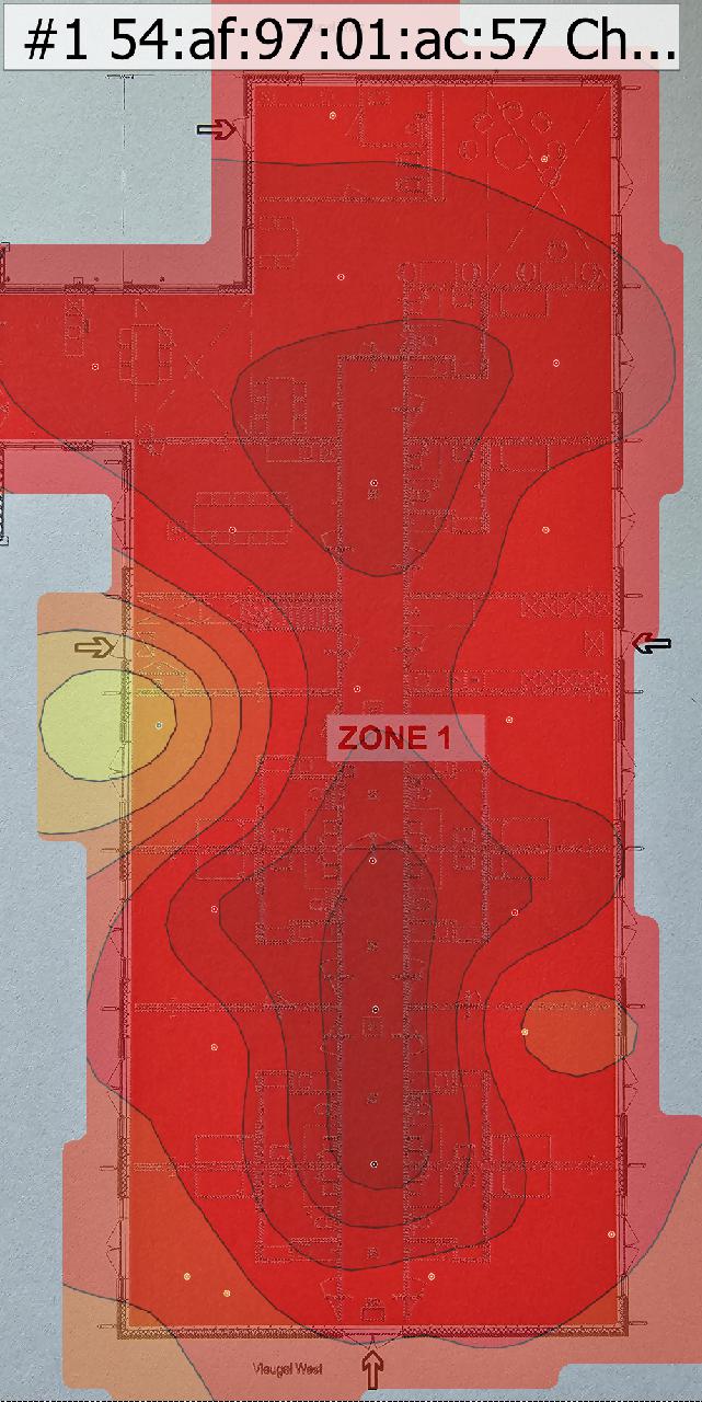 Wifi-warmtekaart van een grote langgerekte ruimte met de tekst Zone 1 en Vleugel West, met sterke dekking in rood en een zwakkere plek in geel bij een hoek