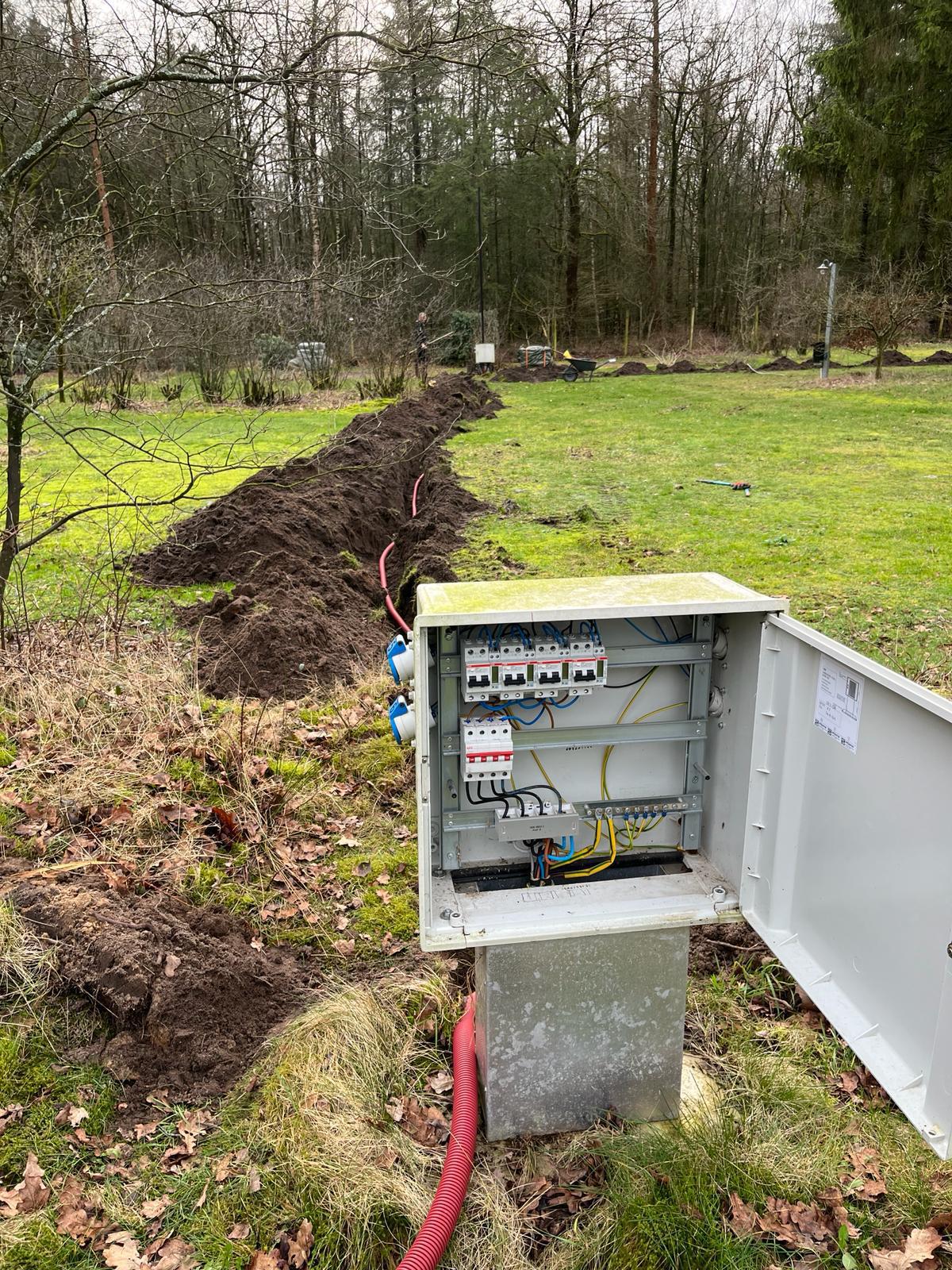 Geopende buitenkast met installatieautomaten en aansluitpunten, naast een open sleuf met rode mantelbuis over het grasveld