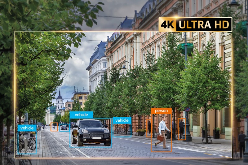 Camerabeeld van een straat waarin personen en voertuigen automatisch met gekleurde kaders zijn aangemerkt