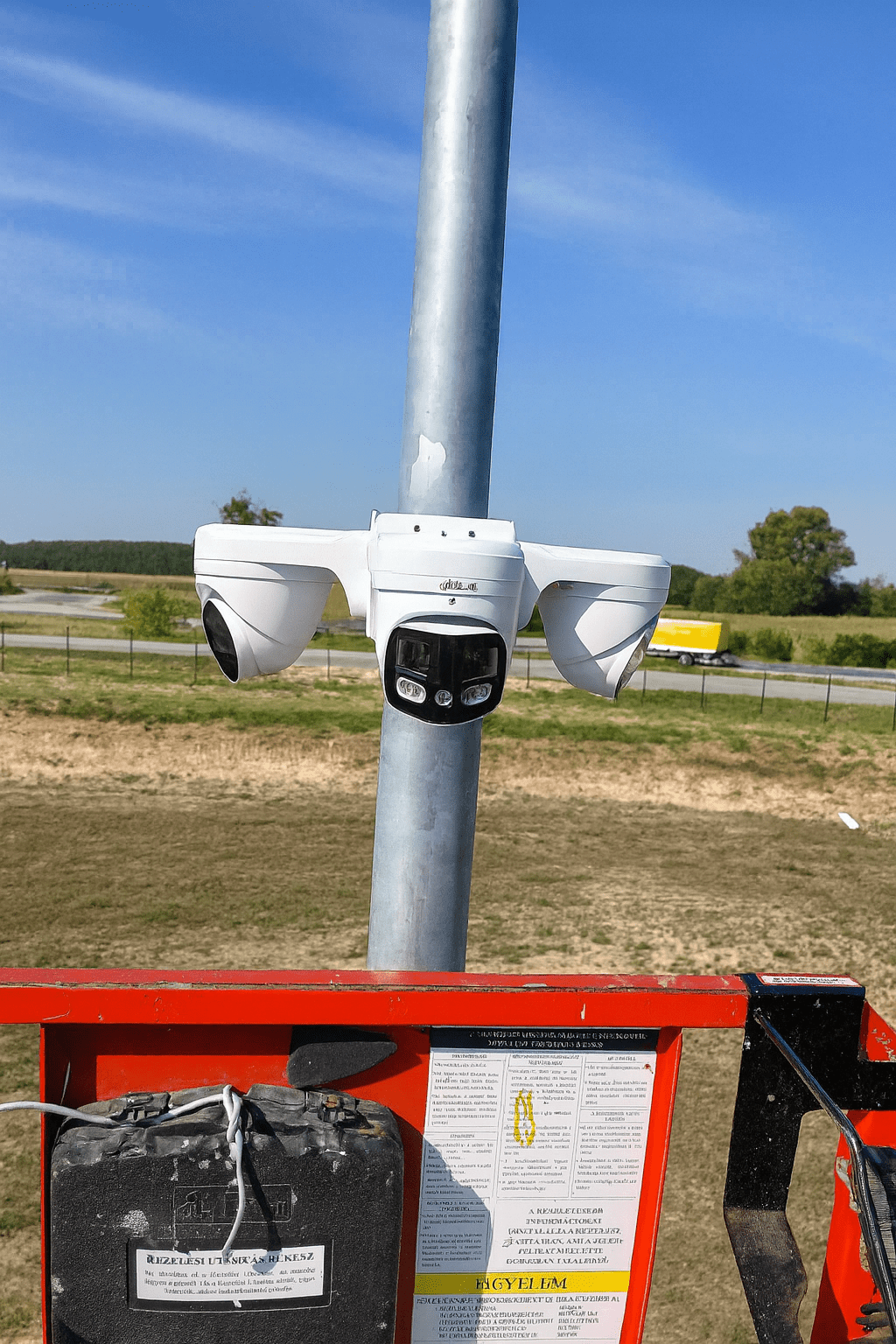 Drie camera's op één paal met zicht over een open terrein