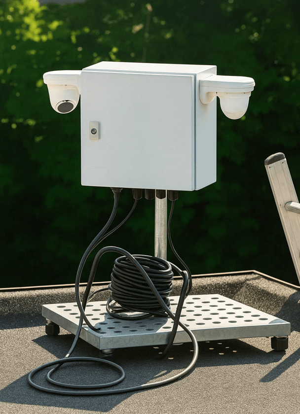 Verplaatsbare camera-unit met schakelkast en twee camera’s op een verzwaarde voetplaat