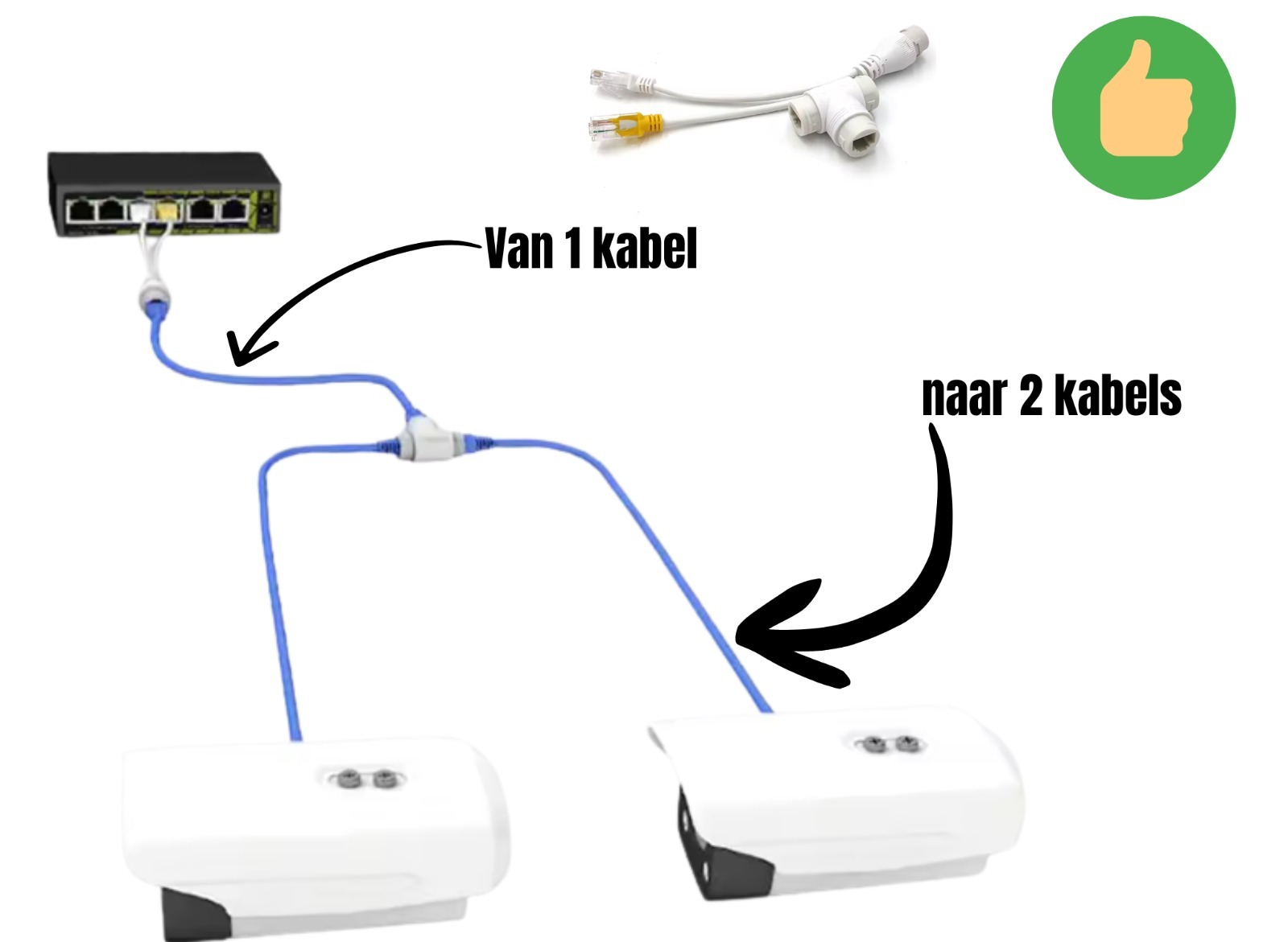 Schema waarin &eacute;&eacute;n netwerkkabel via een splitter twee camera&rsquo;s voedt