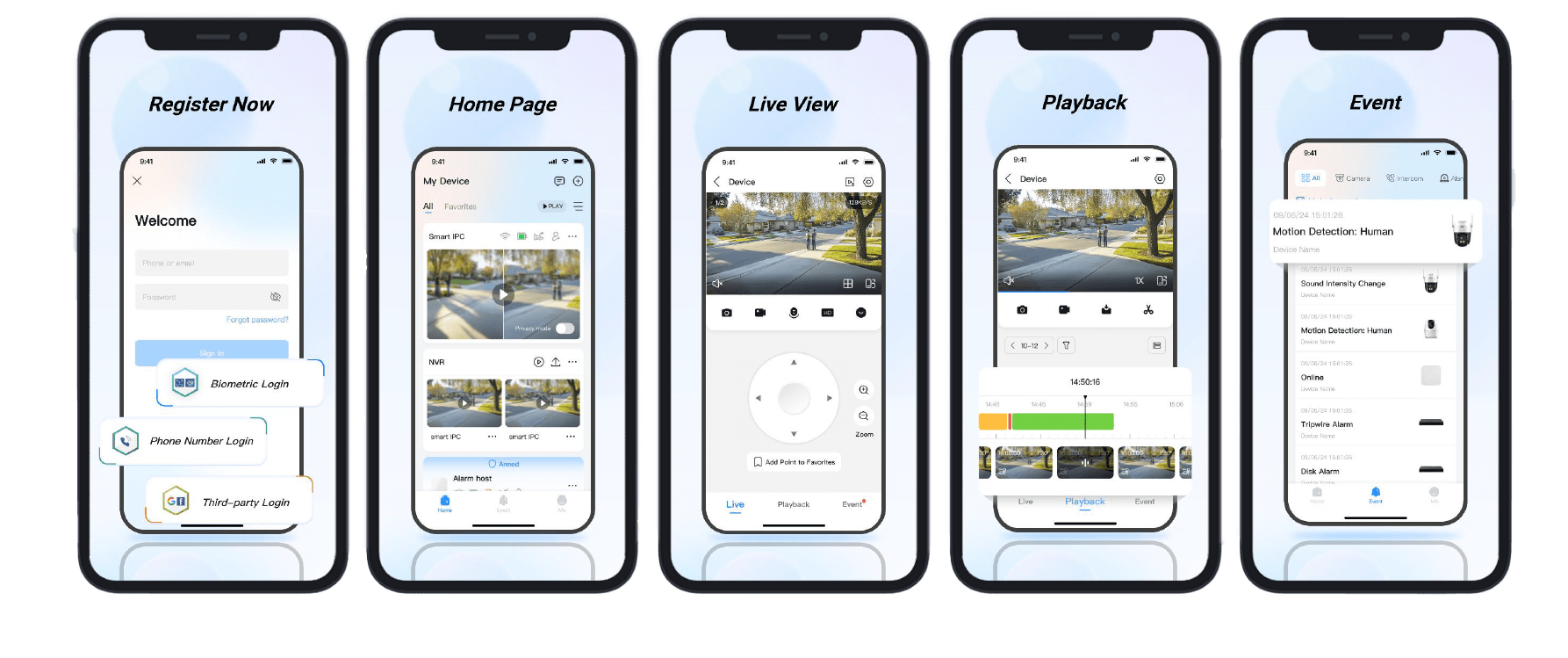 Vijf telefoonschermen van de DMSS-app: inloggen, overzicht, live beeld, terugkijken en meldingen