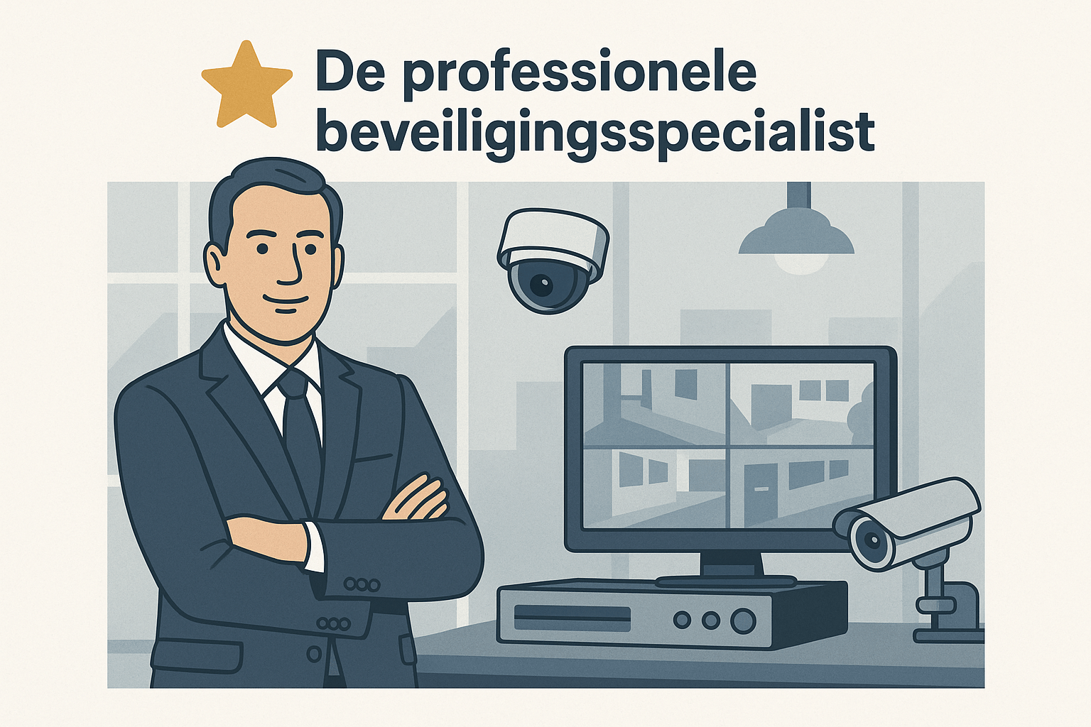 Illustratie: beveiligingsspecialist voor een monitor met vier live camerabeelden en een recorder