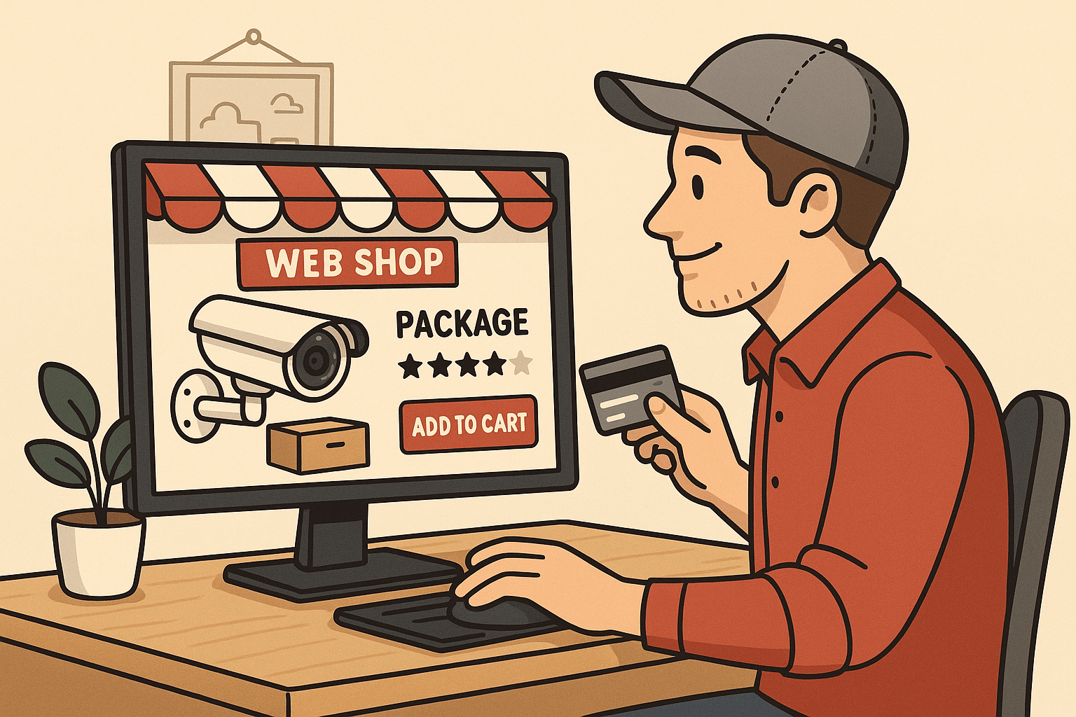 Illustratie: klant bestelt met creditcard een camerapakket in een webshop op zijn computer