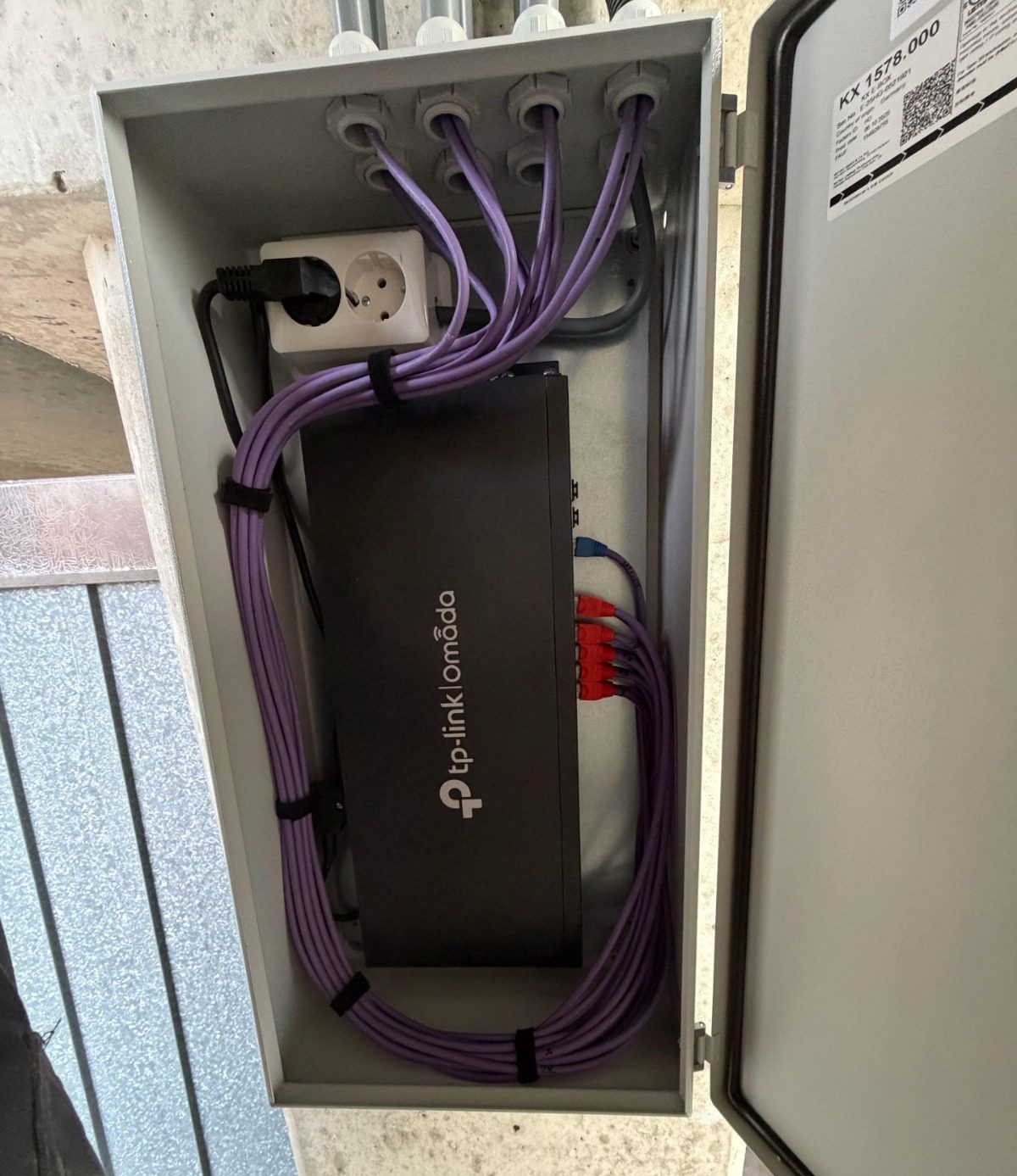 PoE-switch met keurig gebundelde paarse UTP-netwerkkabels in een grijze montagekast