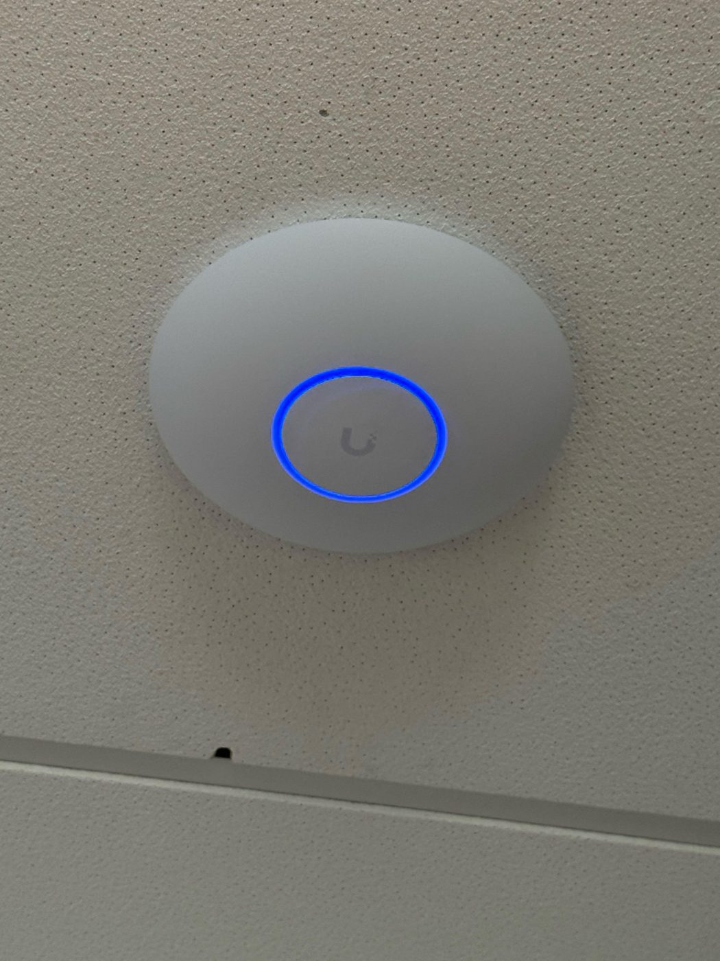 Wit UniFi WiFi 7 plafond-access point met blauwe LED-ring, strak gemonteerd op het systeemplafond van het kantoor