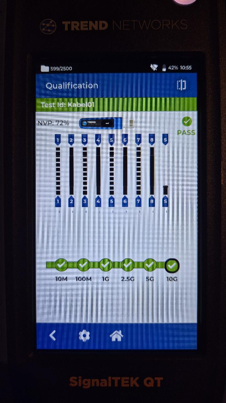 Kabelcertificeerder van TREND Networks toont de melding PASS met 10G-doormeting voor Kabel01
