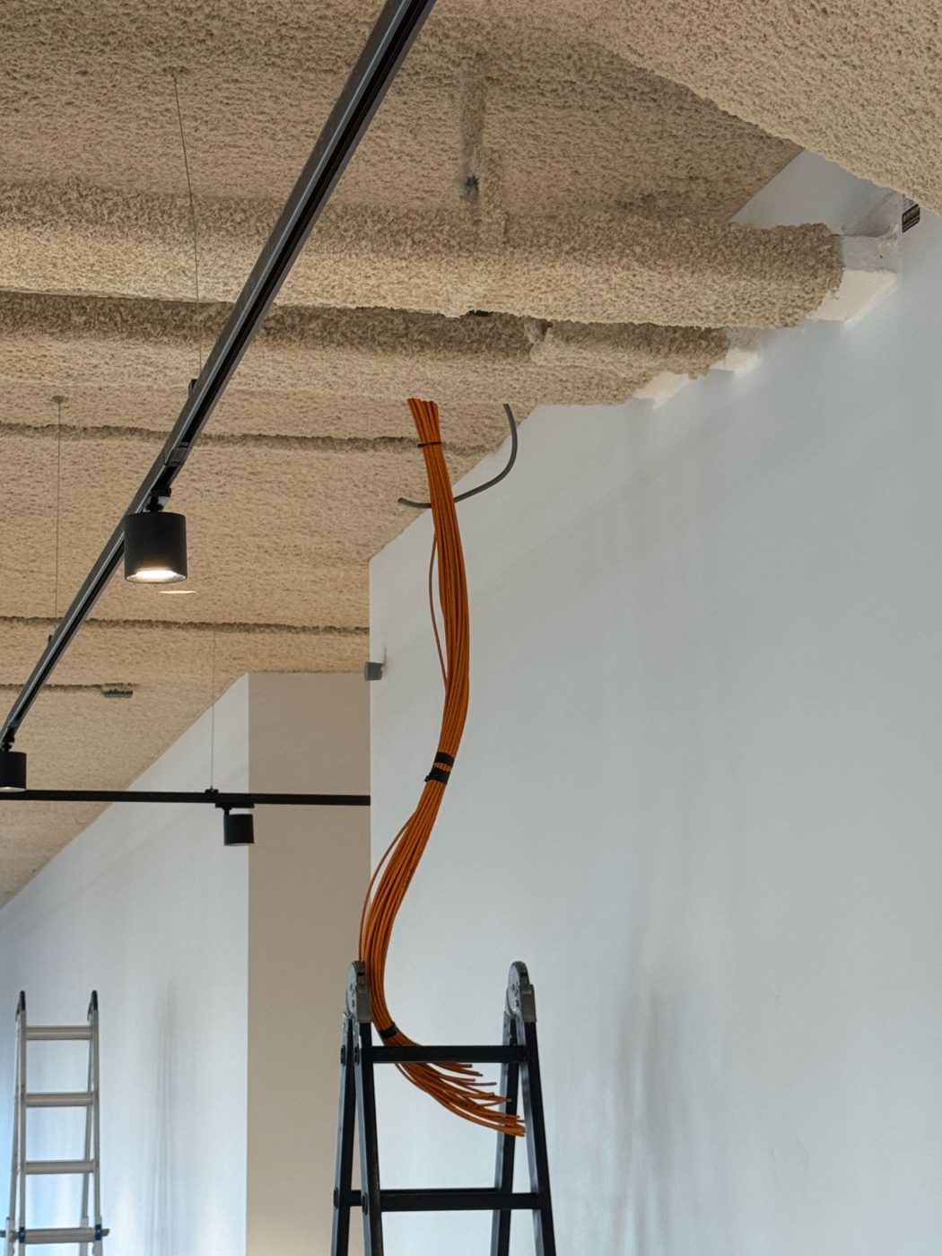 Bundel oranje UTP-netwerkkabels wordt vanaf een ladder door het plafond van het bedrijfspand getrokken