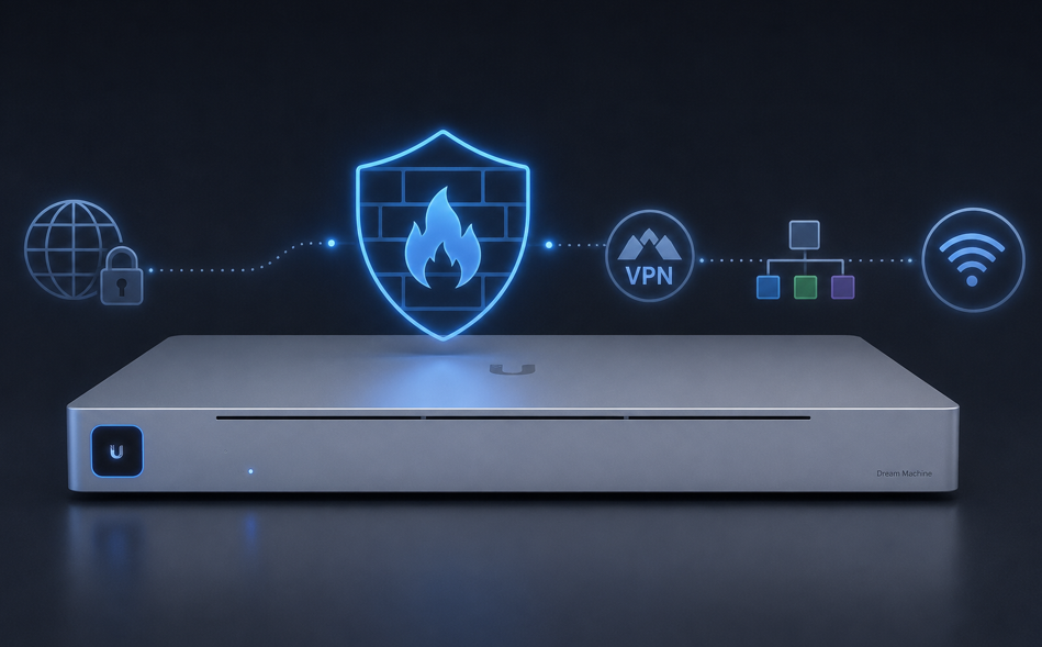 UniFi Dream Machine gateway met firewall, VPN en VLAN-scheiding tussen internet en netwerk