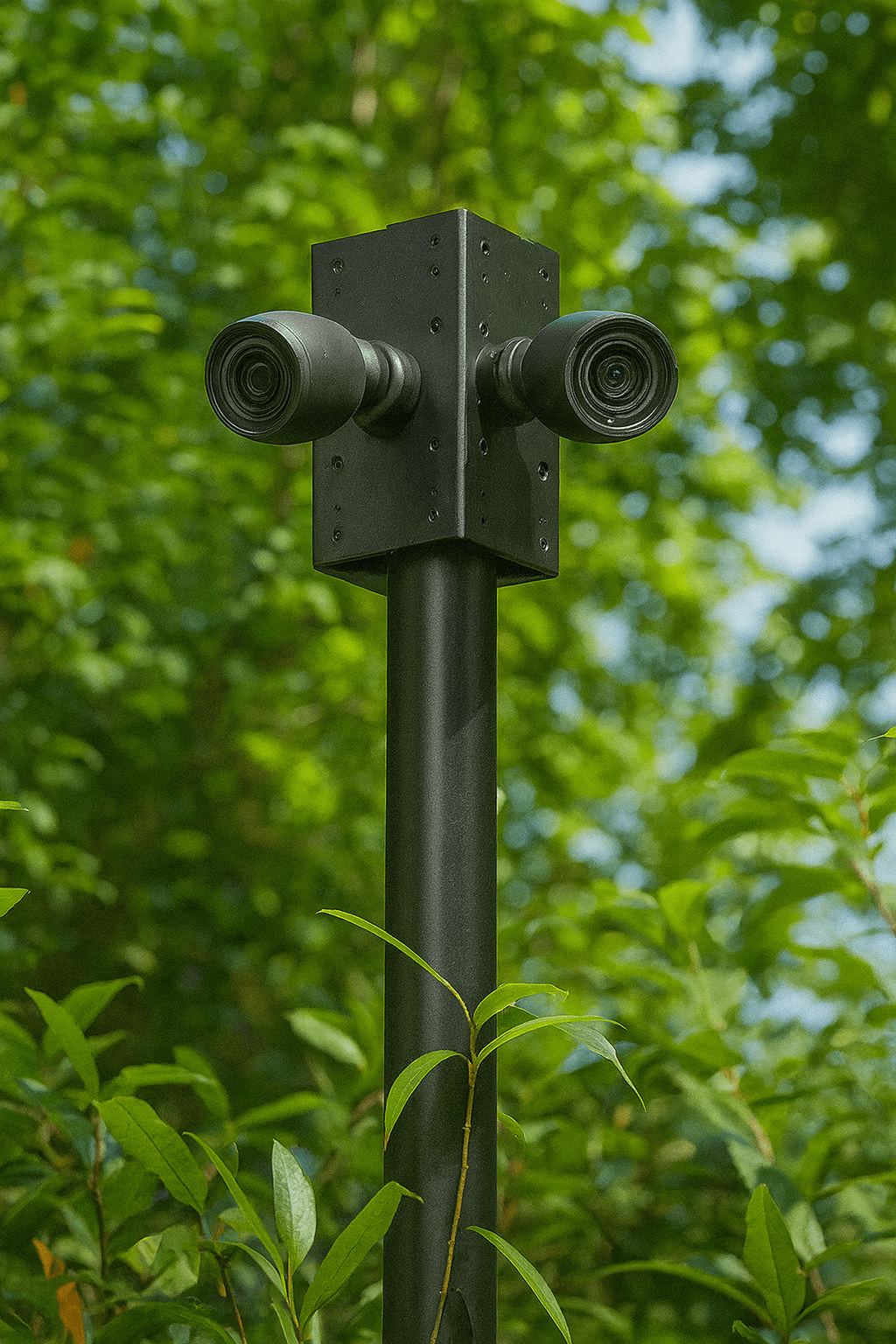 Twee camerakoppen in &eacute;&eacute;n behuizing op een zwarte paal