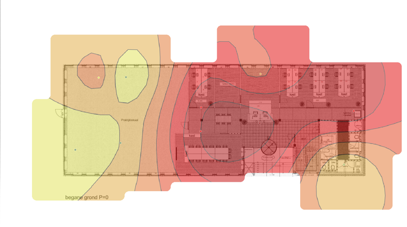 Wifi-meting van een begane grond: heatmap die laat zien waar het bereik terugloopt