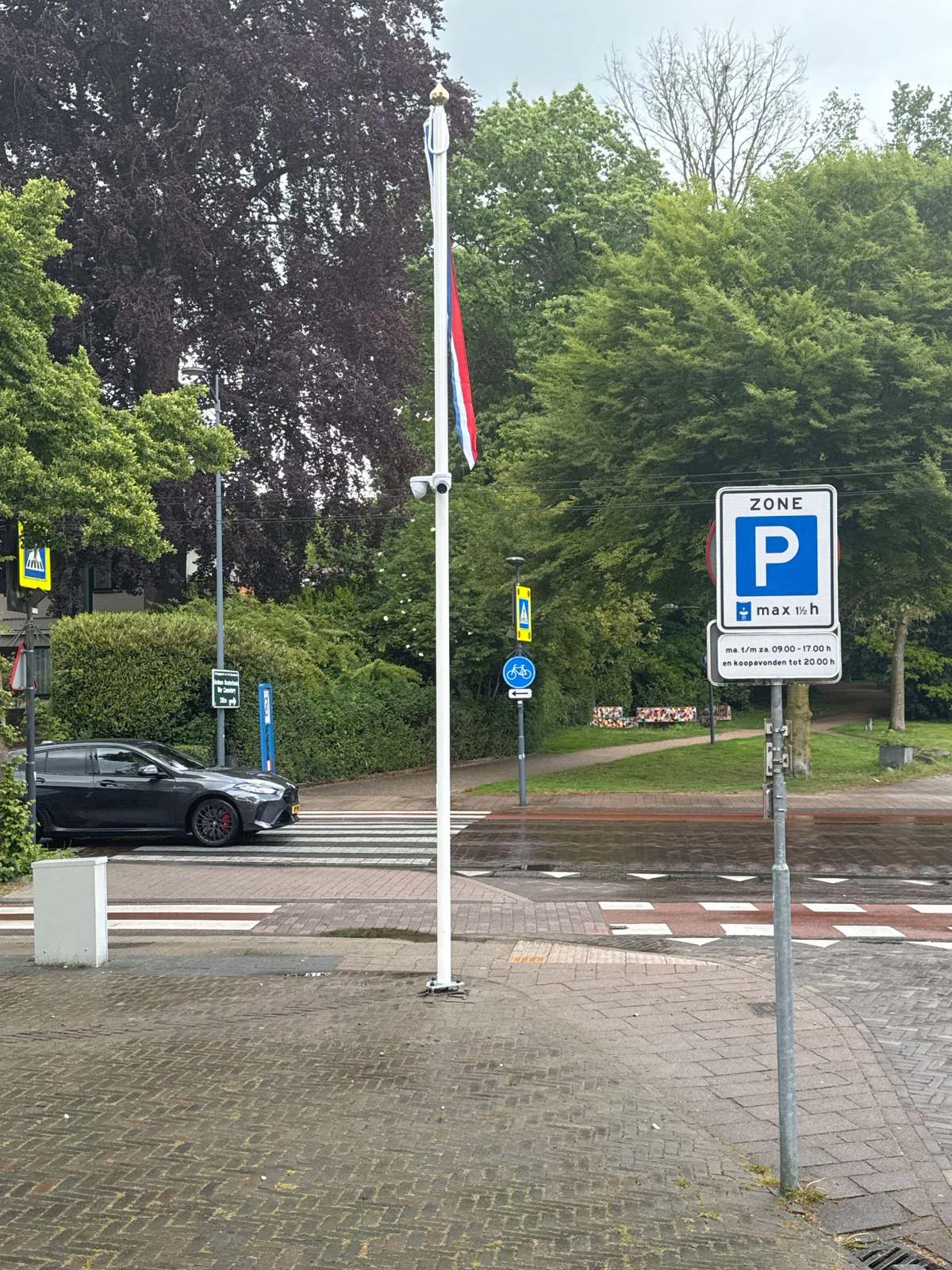 Slanke witte paal met camera bij een inrit, naast het bord van de parkeerzone