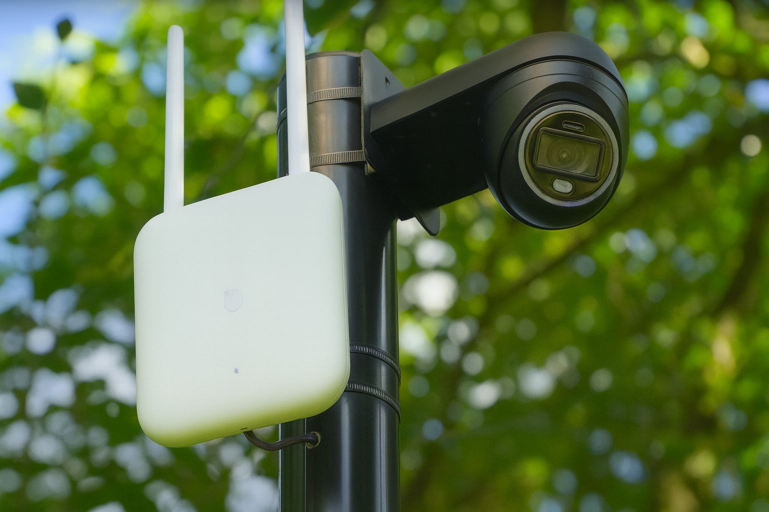Camera en wifi-zender samen weggewerkt op een paal