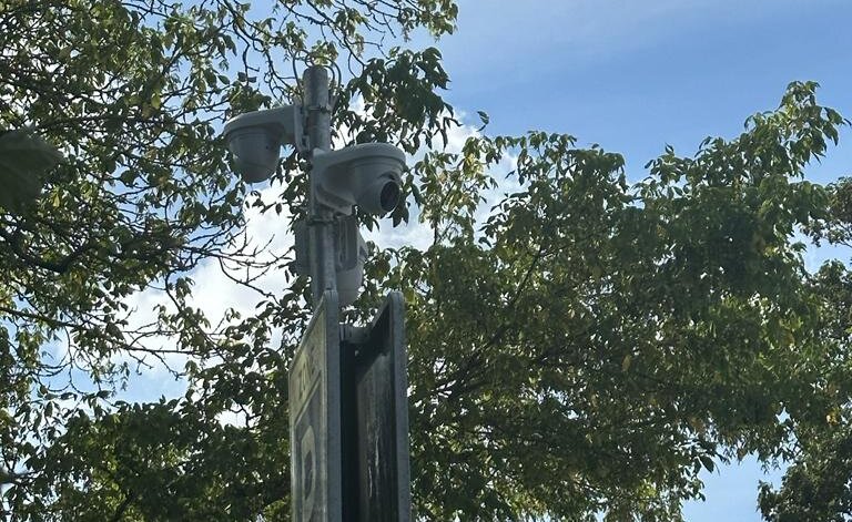 Twee witte camera's boven aan een lichtmast, gericht op de omgeving, tegen groene bomen en een bewolkte lucht