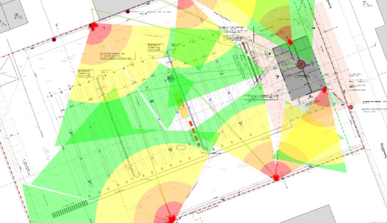 Cameraplan met een gekleurde dekkings- en heatmap over de plattegrond van een winkel