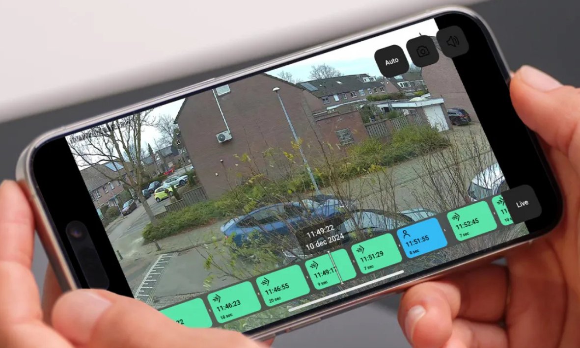 Live camerabeeld en een tijdbalk met gebeurtenissen op een telefoon
