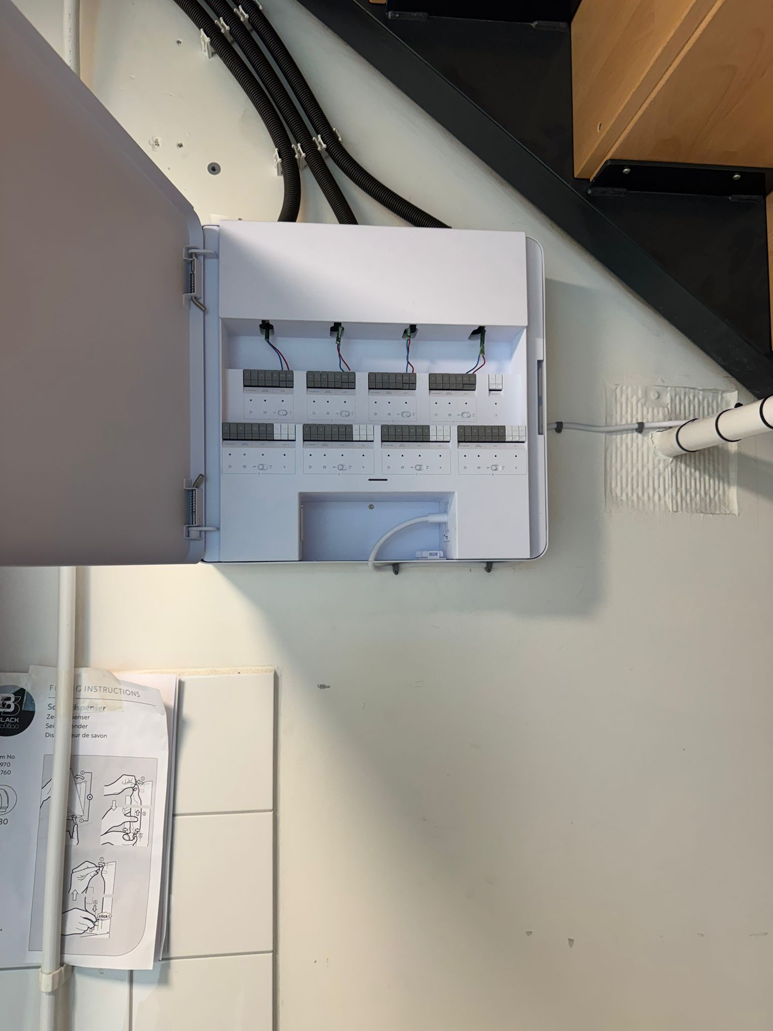 An electrical distribution board, wired and labelled