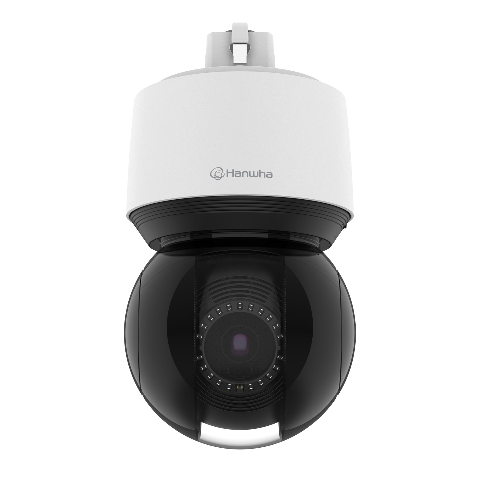 Hanwha Wisenet XNP PTZ-camera, een bolvormige draai- en zoomcamera in wit met zwarte koepel