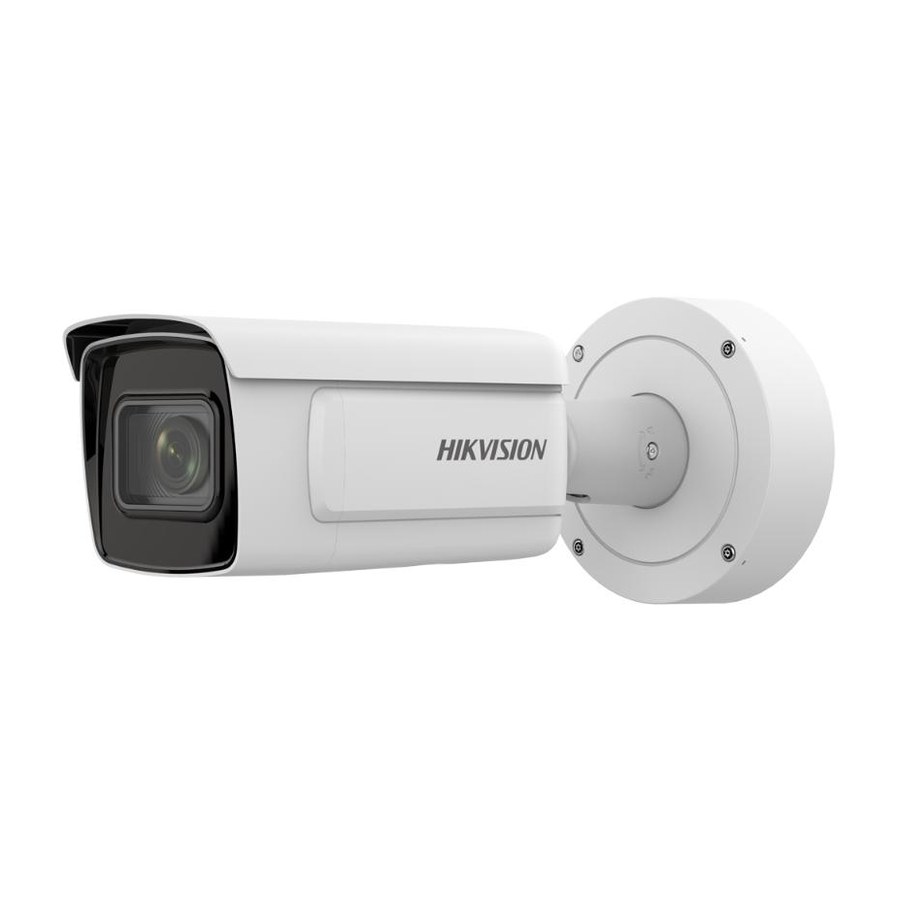 Witte Hikvision DeepinView bulletcamera met zonnekap en aansluitdoos, zijaanzicht