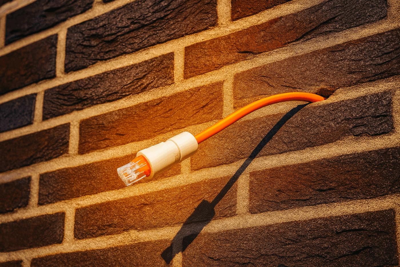 Netwerkkabel die strak en netjes uit de muur komt bij een camerapositie