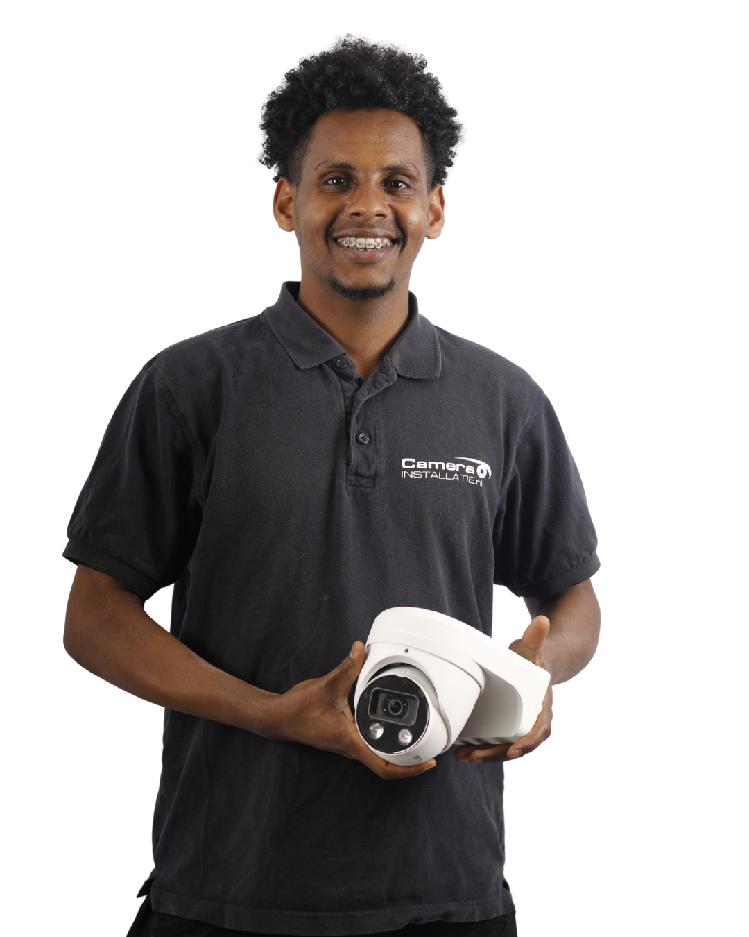 Monteur van CameraInstallatie met een witte turretcamera in zijn hand
