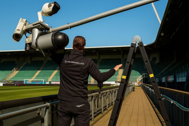 Monteur van CameraInstallatie voert onderhoud uit aan een camera in een stadion