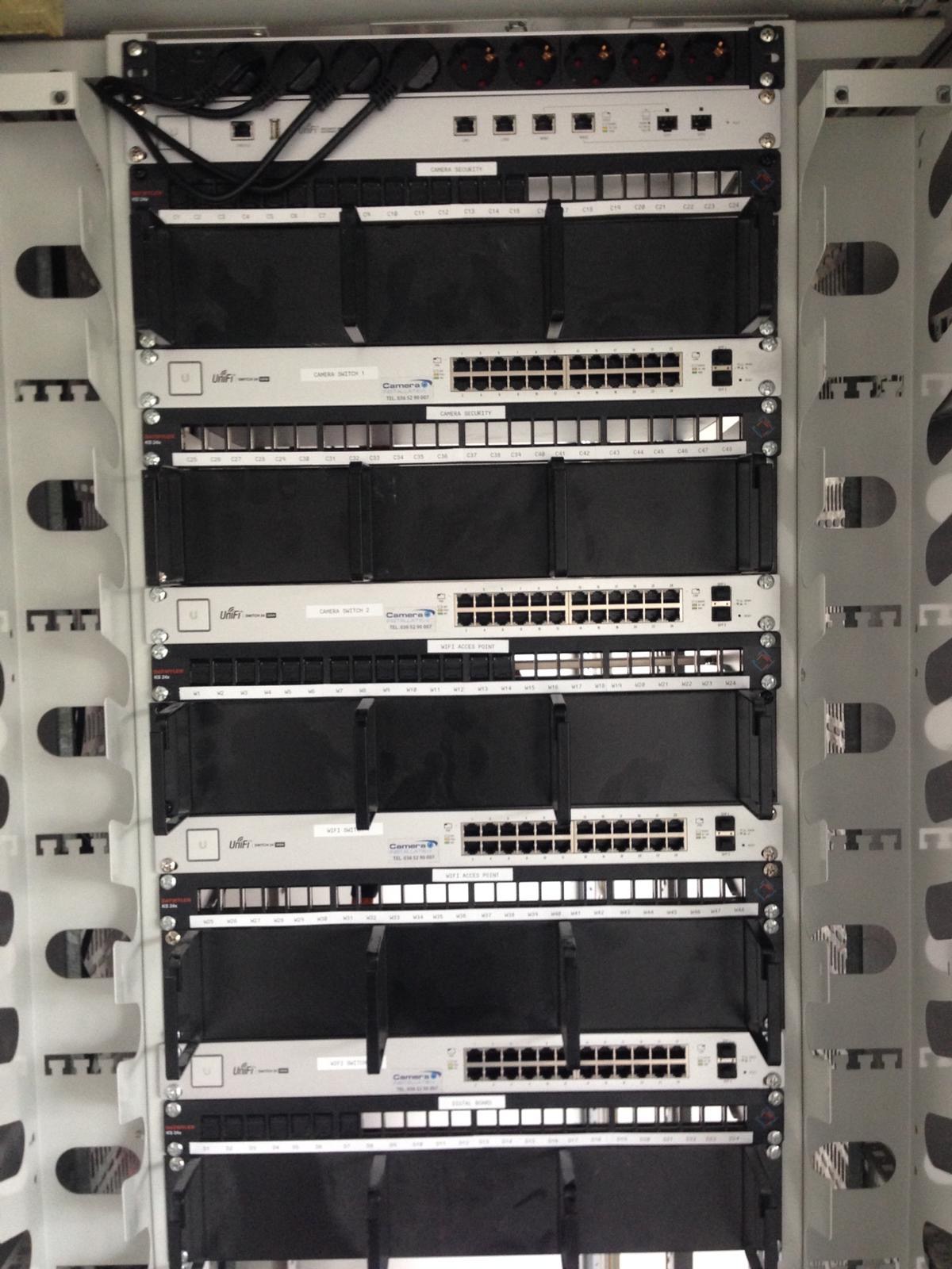 UniFi-netwerkkast met meerdere switches, door ons strak afgemonteerd