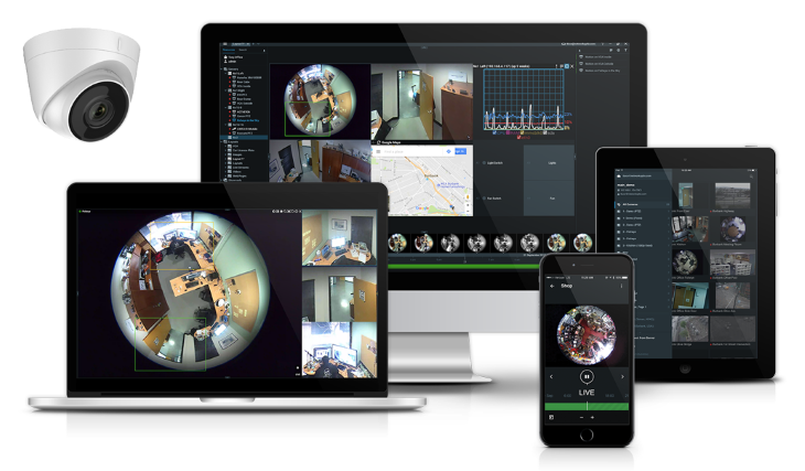 De bediening van Nx Witness op een werkplek, een tablet en een telefoon
