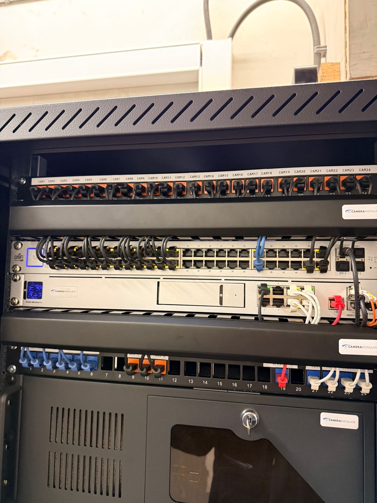 Netjes ingerichte patchkast met gelabelde cameraporten