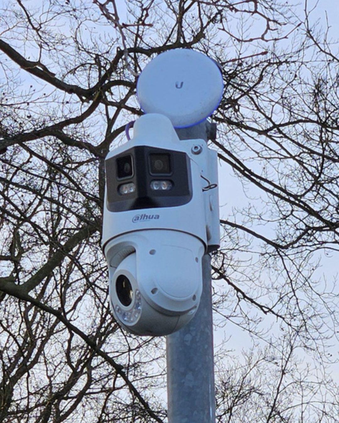 Bestuurbare PTZ-camera met dubbele lens op een paal, met een draadloos netwerkpunt erboven, tegen kale takken