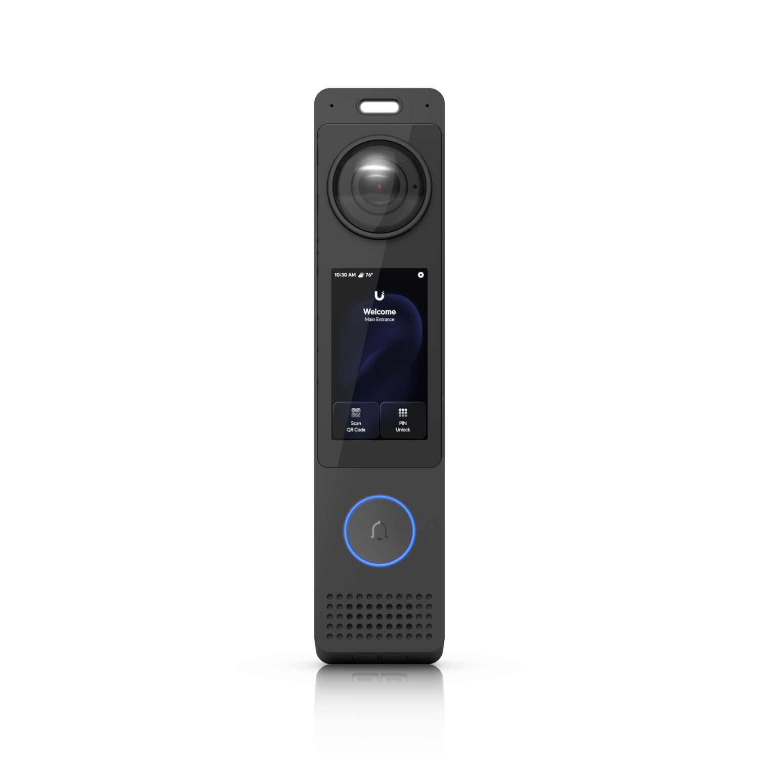 UniFi Access deurpost met touchscreen dat Scan QR Code en PIN Unlock toont