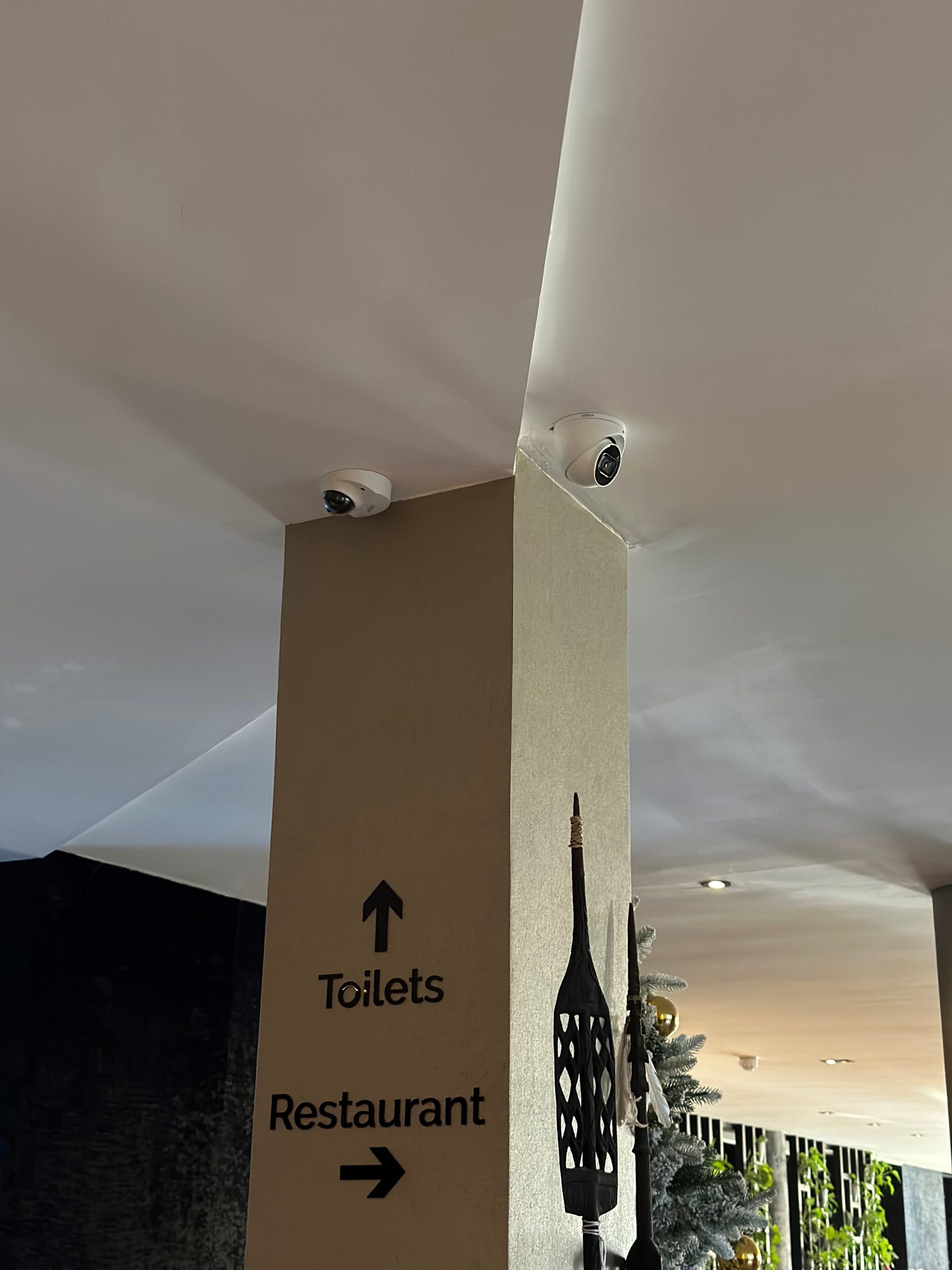 Twee witte dome-cameras van CameraInstallatie aan het plafond van een restaurant, naast een bordje met Toilets en Restaurant
