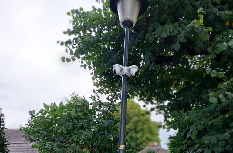 Twee witte bewakingscamera-s op een beugel aan een lichtmast tussen de bomen, gericht op de omgeving