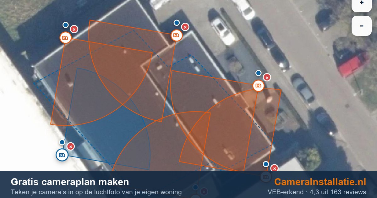 Cameraplan op een luchtfoto met de kijkhoeken van de camera’s in oranje
