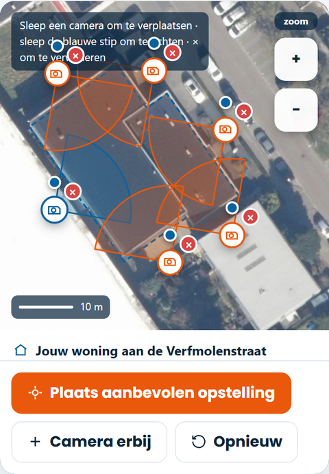 De cameraplan-tool op een telefoonscherm met ingetekende camera&rsquo;s