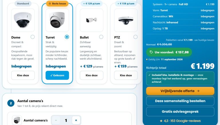 Scherm van de configurator: kies de vorm van de camera en zie direct de richtprijs inclusief installatie
