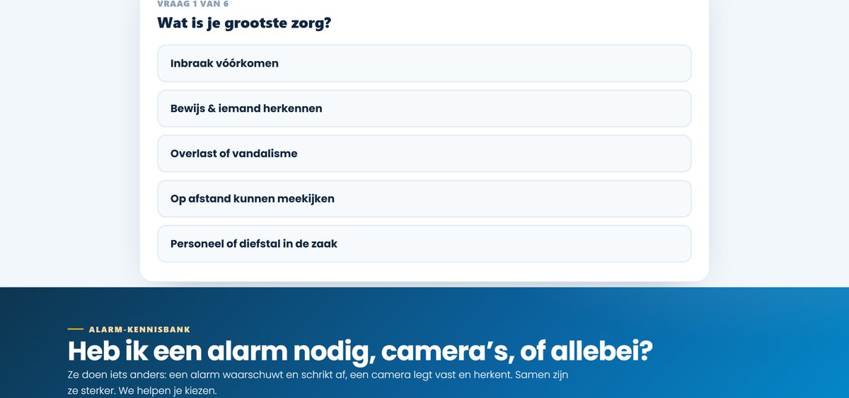 Keuzehulp alarm of camera: de vraag wat is je grootste zorg, met vijf antwoordopties