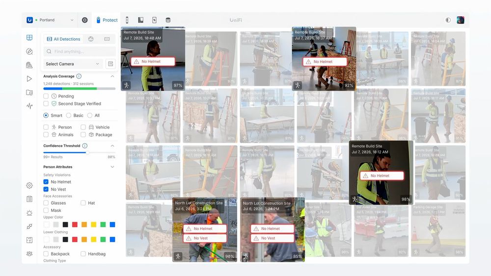 UniFi Protect 7.2 PBM-detectie: een camera markeert real-time iemand zonder de vereiste beschermingsmiddelen op een bouwplaats