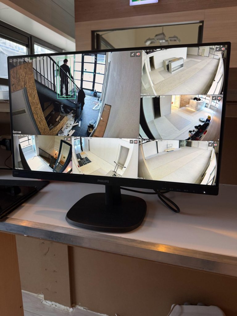 Zes camerabeelden tegelijk op één monitor, met een groen kader om een herkende persoon