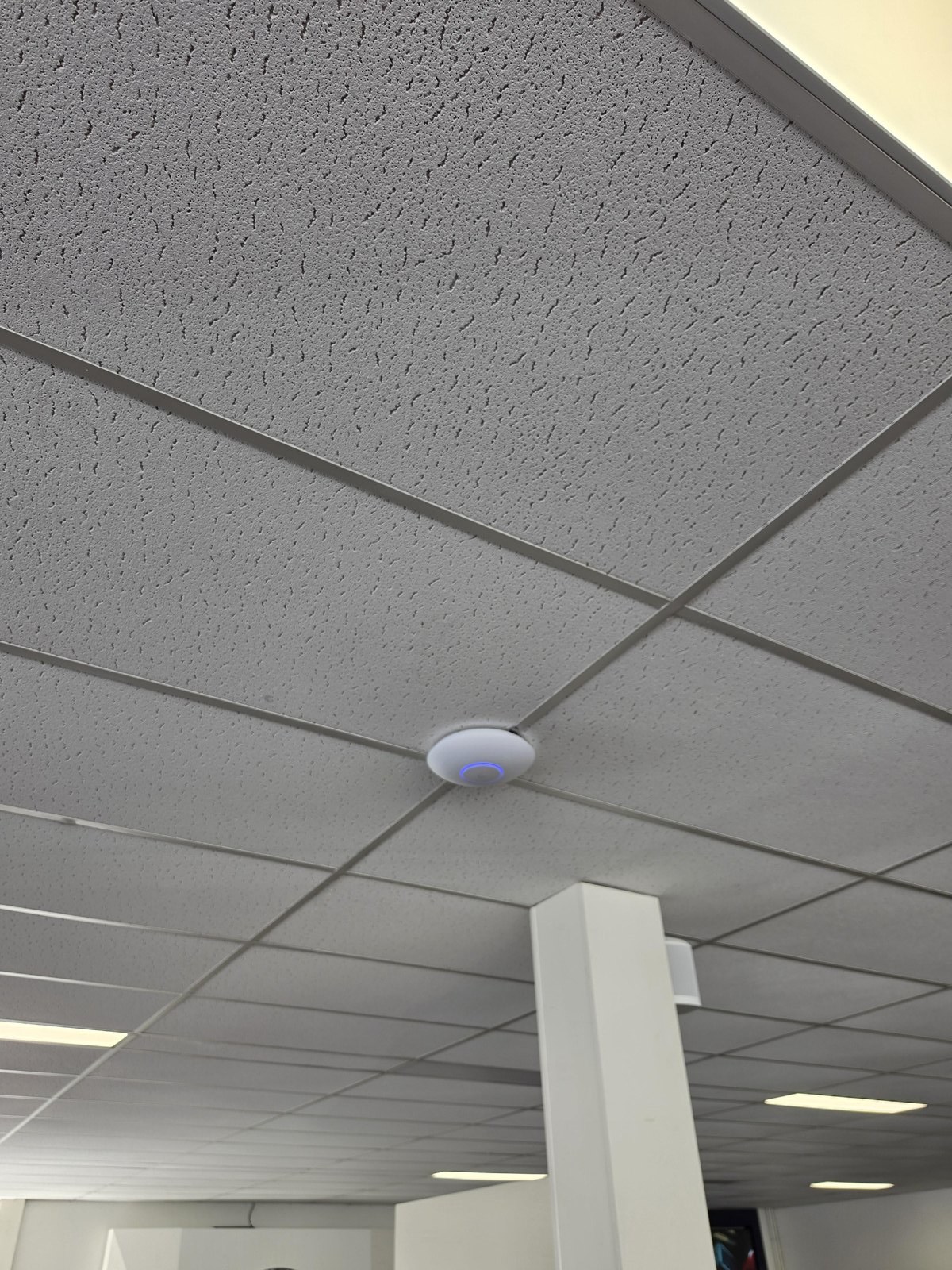 Rond wit access point tussen de platen van een systeemplafond