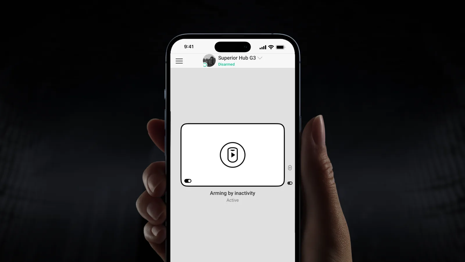 Ajax-app met het scenario Arming by inactivity actief op een Superior Hub G3