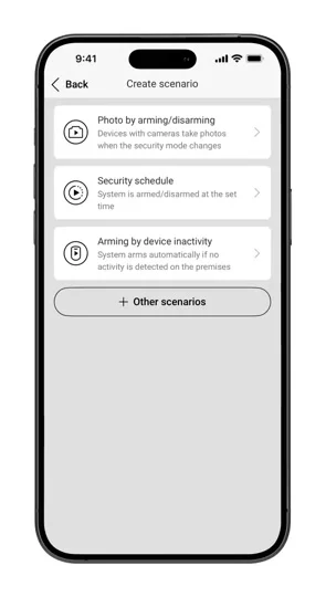 Ajax-app, scherm Create scenario met de keuze Arming by device inactivity