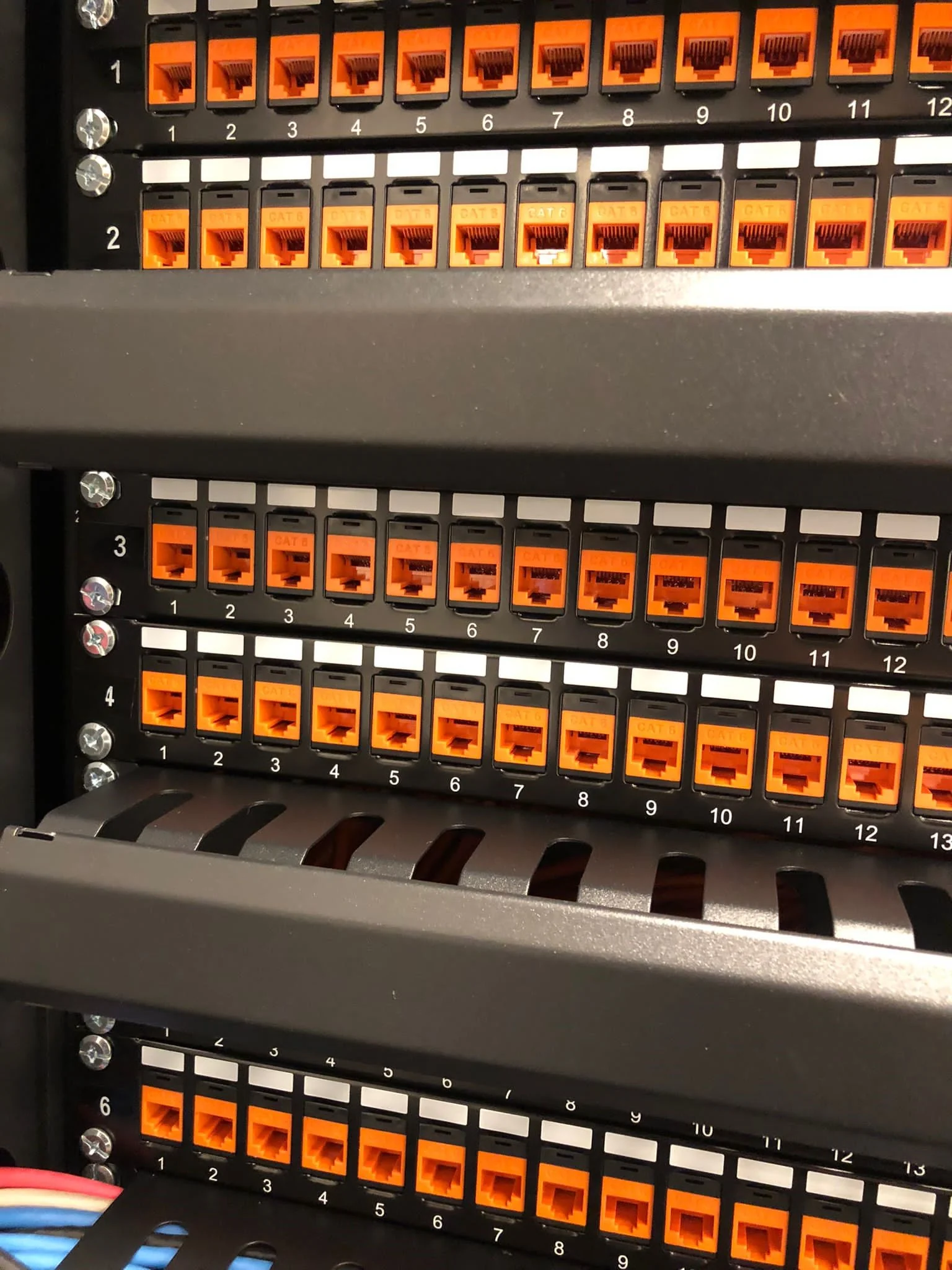 Strak afgemonteerd patchpaneel met oranje Cat6-kabels in een netwerkkast van een camerasysteem