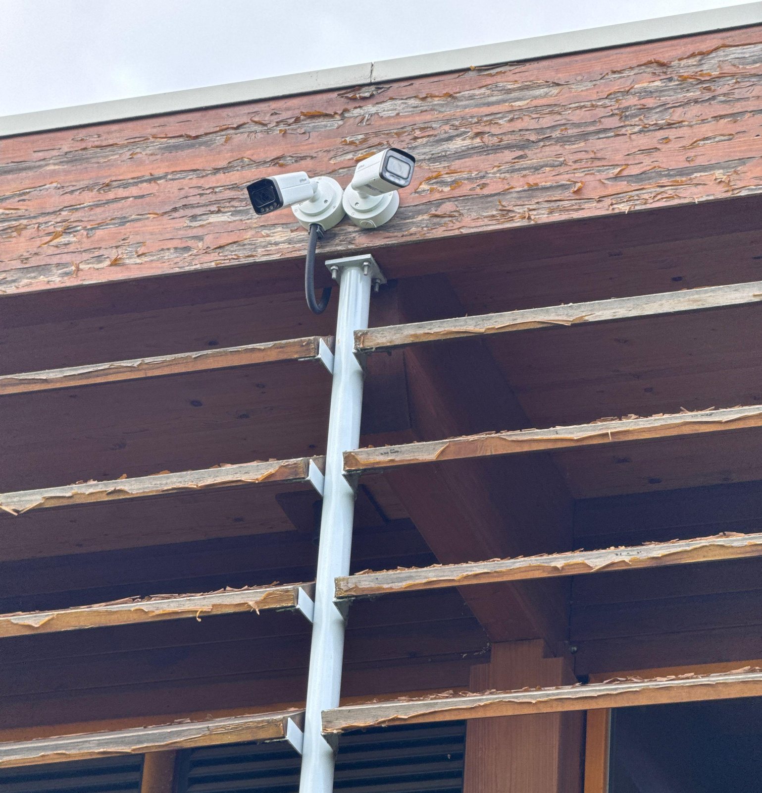Twee witte Dahua-bulletcamera&rsquo;s op een gezamenlijke beugel boven aan een houten gevel