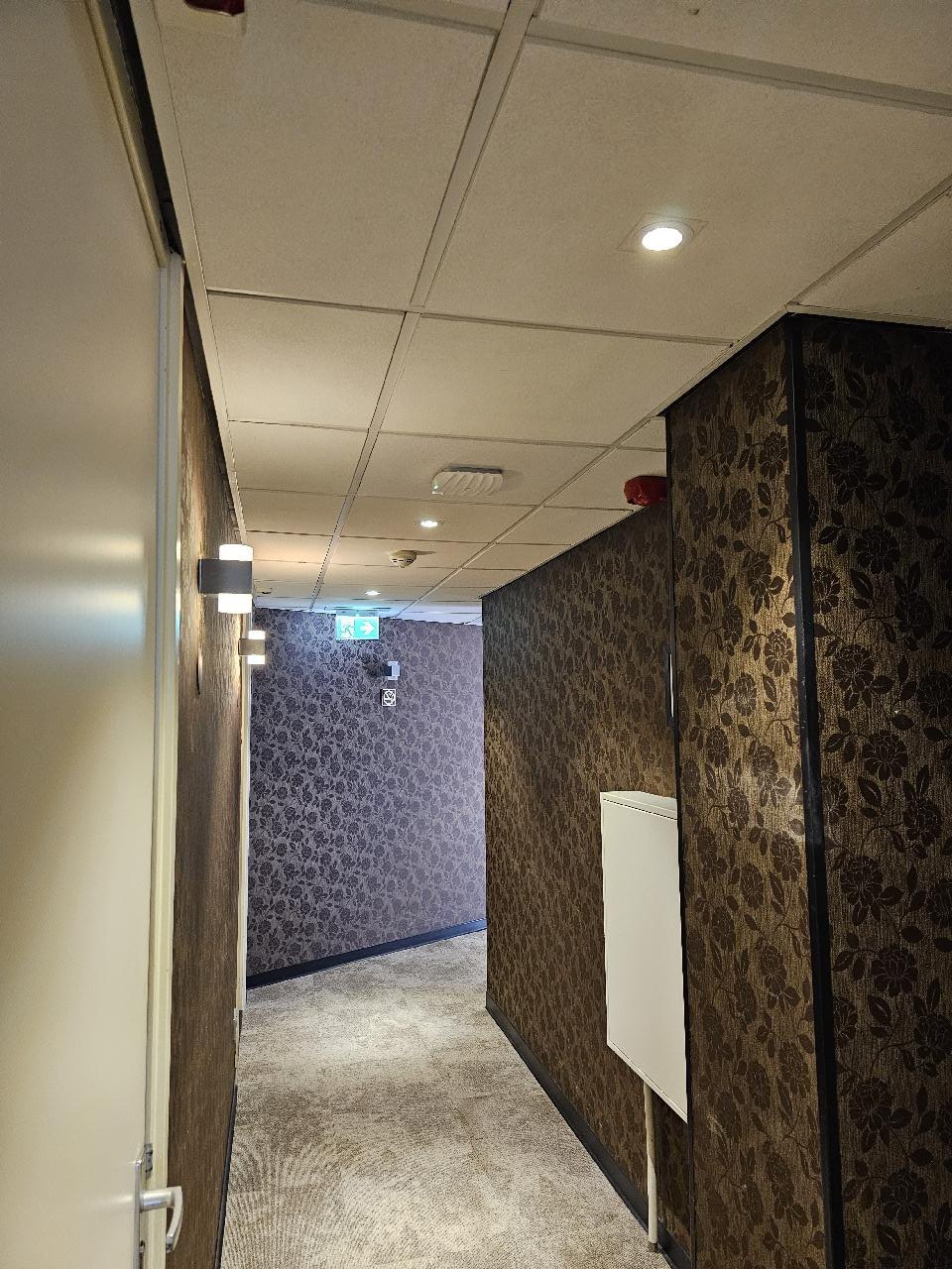 Lange hotelgang met kamerdeuren en donker behang